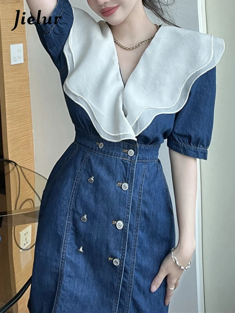 Spell Color Ruffles Denim Female Dresses Summer Double Breasted V-neck Short Sleeve Fashion Elegant Streetwear Outfits