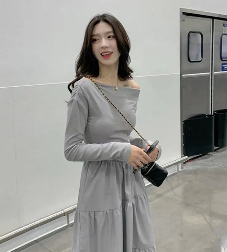 Autumn Gray Elegant High Waist Evening Party Dresses Women Long Sleeve Off Shoulder Sexy Club Pleated Long Dress French Popular