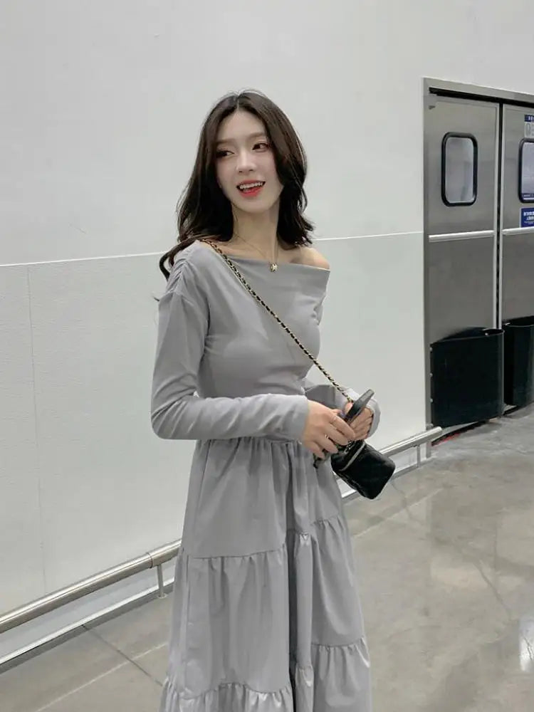 Autumn Gray Elegant High Waist Evening Party Dresses Women Long Sleeve Off Shoulder Sexy Club Pleated Long Dress French Popular