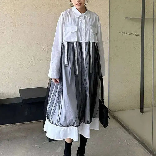 Load image into Gallery viewer, Women White Mesh Ribbons Pocket Big Size Midi Shirt Dress New Lapel Long Sleeve Fashion Tide Spring Autumn 2025 1DH8647
