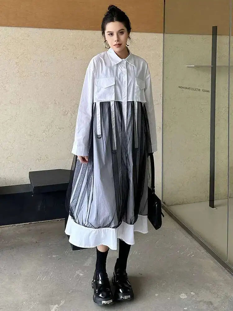 Women White Mesh Ribbons Pocket Big Size Midi Shirt Dress New Lapel Long Sleeve Fashion Tide Spring Autumn 2025 1DH8647