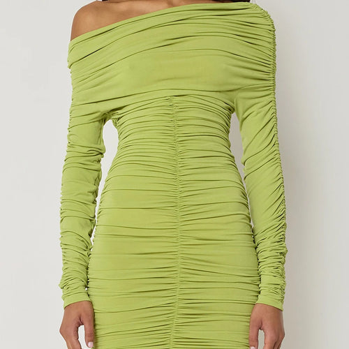 Load image into Gallery viewer, Inclined Shoulder Long Sleeve Sexy Mini Dress For Women Autumn New Fashion Backless Ruched Bodycon Party Sexy Dress
