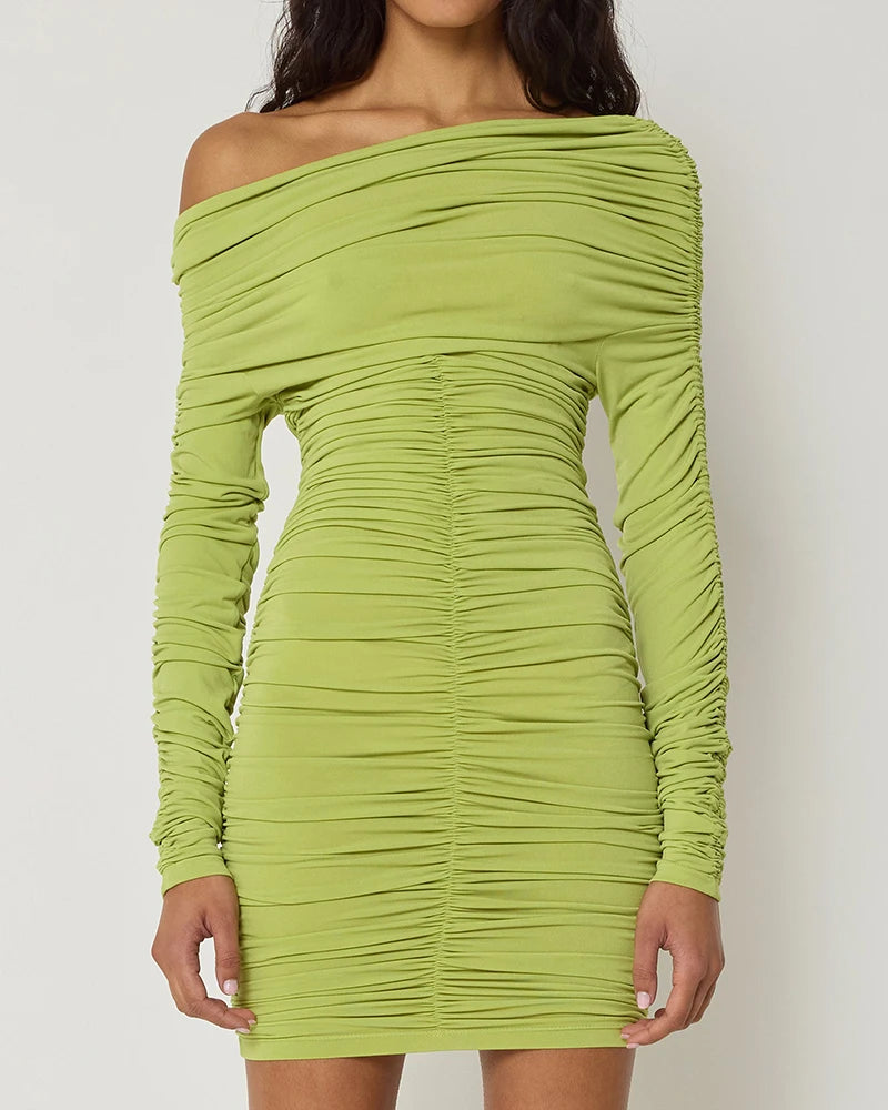 Inclined Shoulder Long Sleeve Sexy Mini Dress For Women Autumn New Fashion Backless Ruched Bodycon Party Sexy Dress