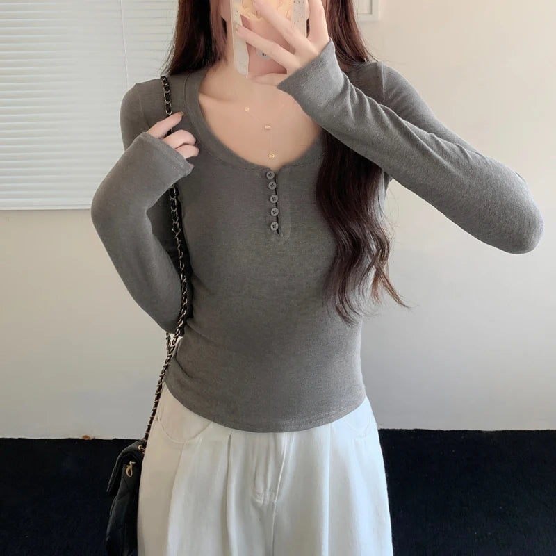 2024 Autumn Women Gray Button Long Sleeve T Shirt Korean Style Casual Vintage Pink Slim O Neck Beige Pullover Tops Fashion Trend