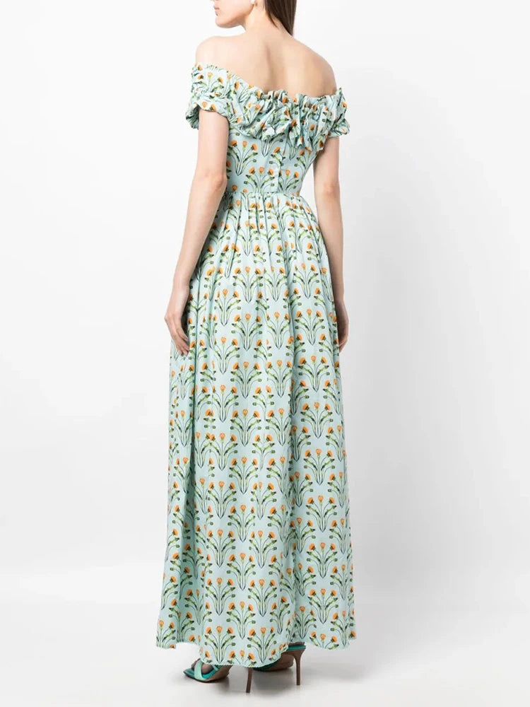 Elegant Floral Printing Dresses For Women Slash Neck Short Sleeve High Waist Folds Off Shoulder Casual A Line Dress Female