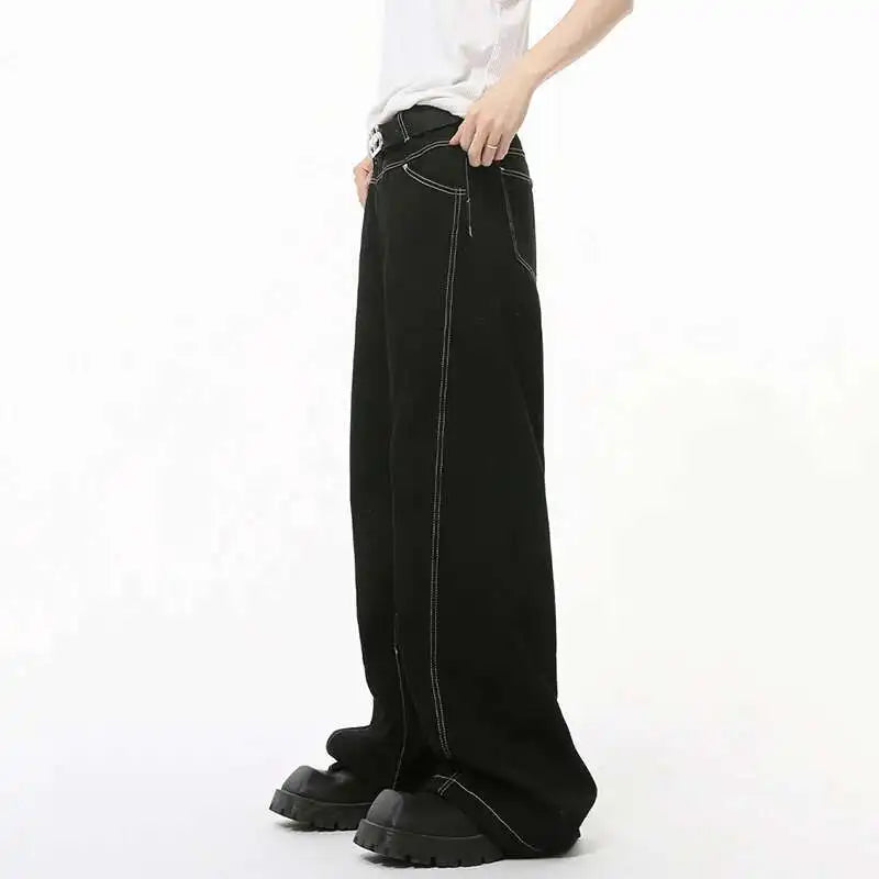 Summer New Men's Jeans Casual Bright Line Solid Color Denim Pants Straight Wide Leg Loose Male Trousers Korean Style 9C8203