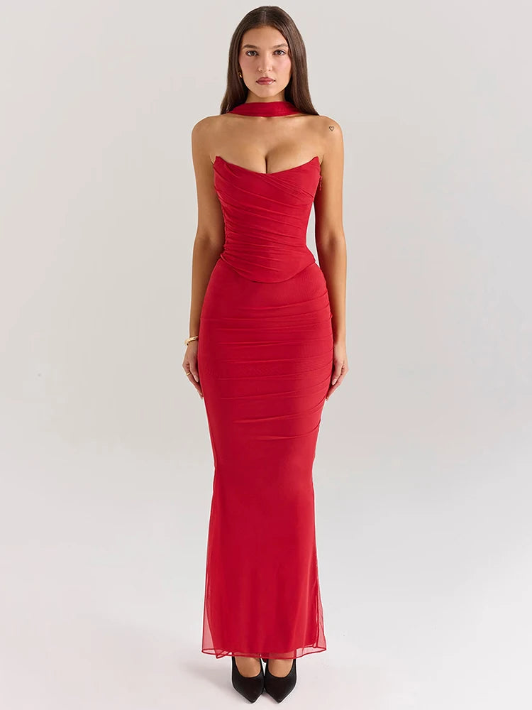 Sexy Two Pieces Sets For Women Strapless Off-shoulder Sleeveless Tops And Elegant High Waist Long Skirt Two Pieces Sets