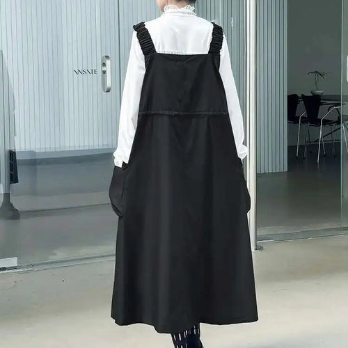 Load image into Gallery viewer, Women Black Pockets Drawstring Big Size Strap Dress New Square Collar Sleeveless Fashion Tide Spring Autumn 2025 1DH9934
