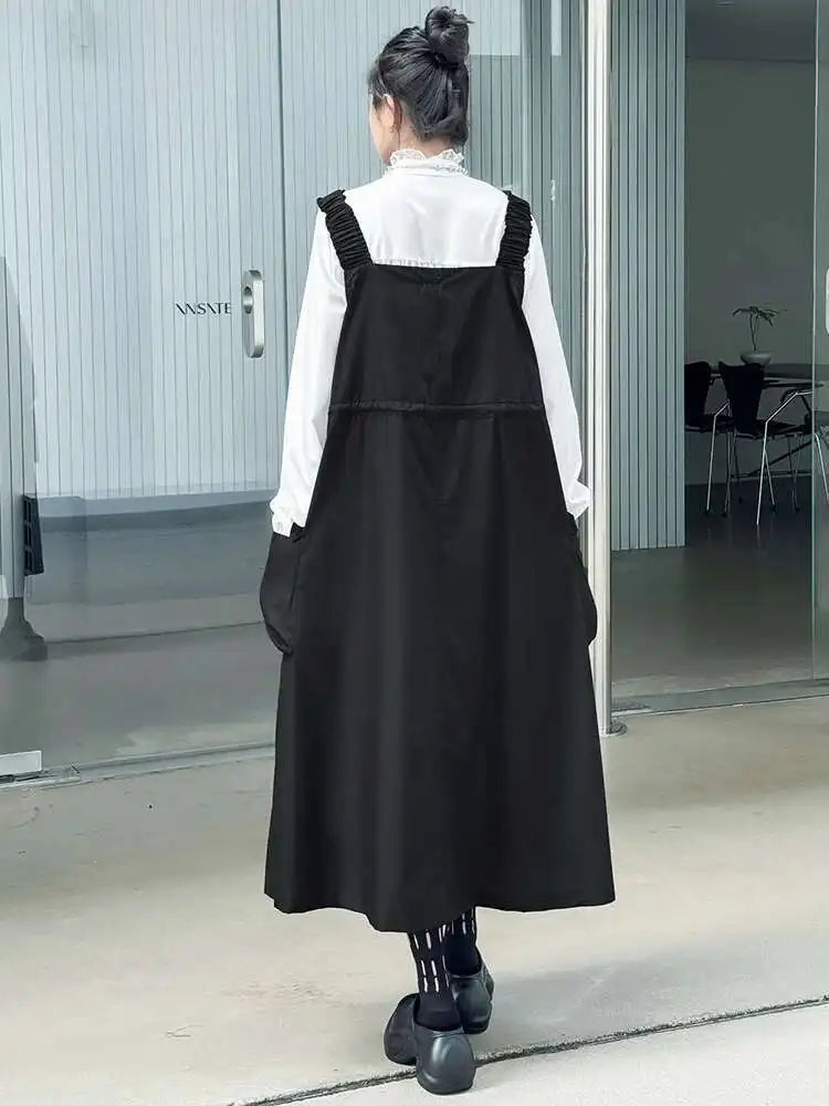 Women Black Pockets Drawstring Big Size Strap Dress New Square Collar Sleeveless Fashion Tide Spring Autumn 2025 1DH9934