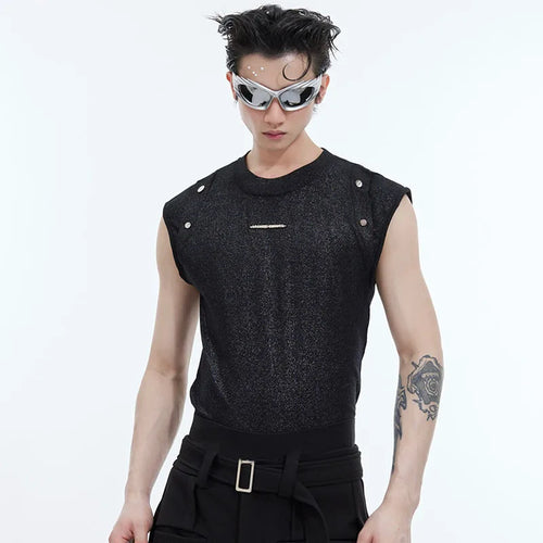 Load image into Gallery viewer, Metal Button Male T-shirt Niche Design Round Collar Solid Color Men&#39;s Sleeveless Top Personality Spring Stylish 9C4713
