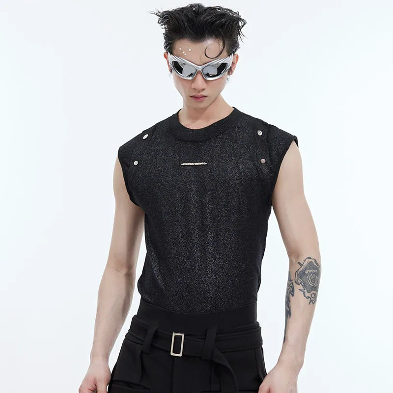 Metal Button Male T-shirt Niche Design Round Collar Solid Color Men's Sleeveless Top Personality Spring Stylish 9C4713