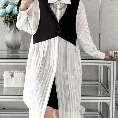 Load image into Gallery viewer, Women Black White Color-block Big Size Striped Shirt Dress New Lapel Long Sleeve Fashion Spring Autumn 2025 1DH4348
