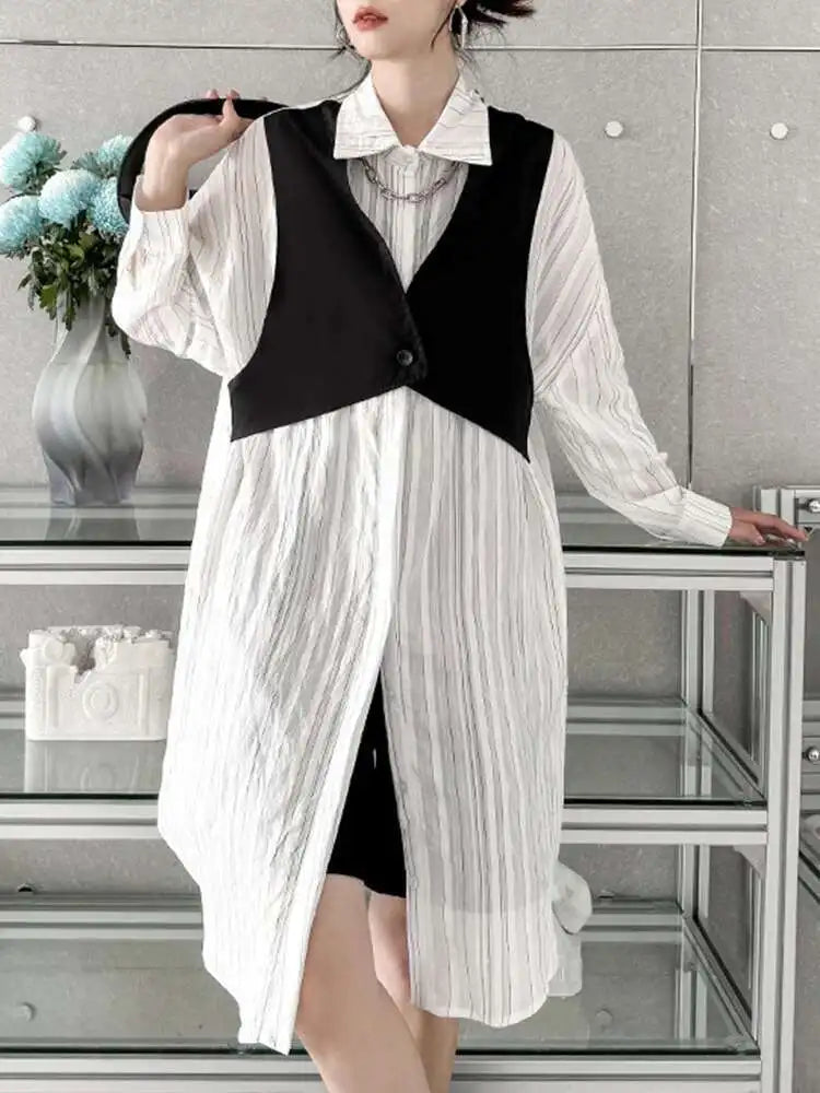 Women Black White Color-block Big Size Striped Shirt Dress New Lapel Long Sleeve Fashion Spring Autumn 2025 1DH4348