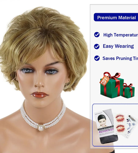 Synthetic Hair Short Curly Wigs for Women Gradient Golden Blonde Wig with Bang Layered Haircut Natural Wig Gift Costume