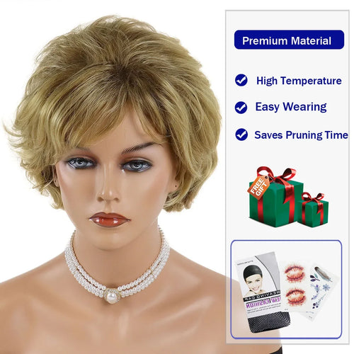 Load image into Gallery viewer, Synthetic Hair Short Curly Wigs for Women Gradient Golden Blonde Wig with Bang Layered Haircut Natural Wig Gift Costume
