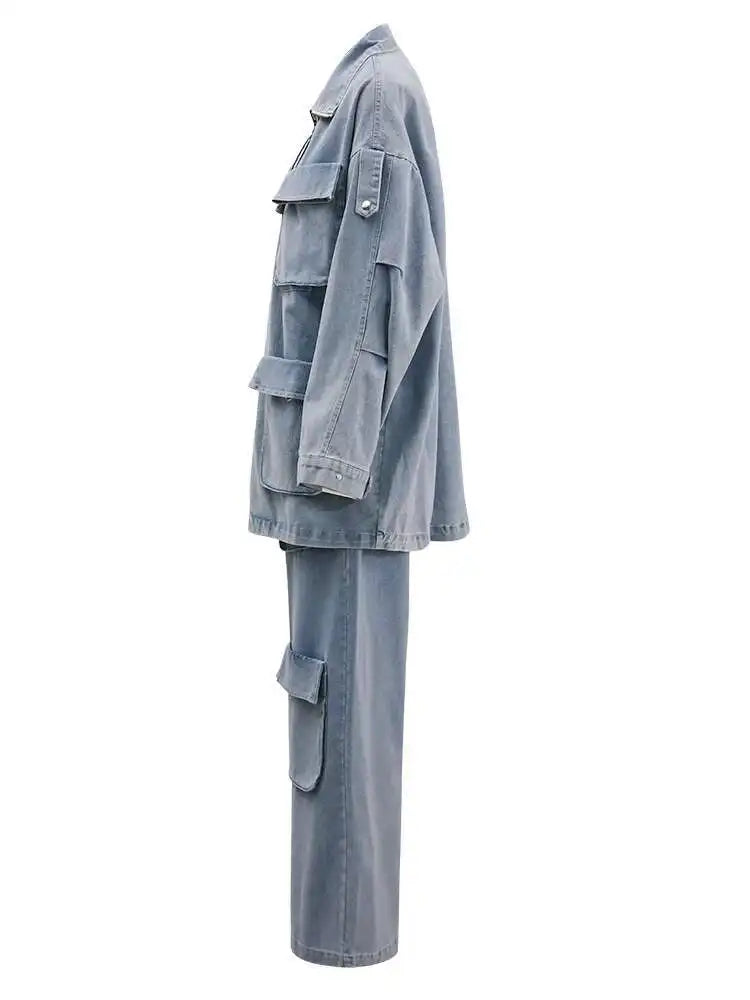 Big Size Denim  Jacket Wide Leg Pants Two Piece Suit New Lapel Long Sleeve Women Fashion Tide Spring Autumn 2025 CPG1716