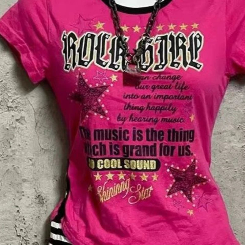 Korean Summer Fake 2 Pieces Casual T-shirt Y2k Aesthetic Irregular Patchwork Top Women Grunge Vintage Letter Print Harajuku Tees