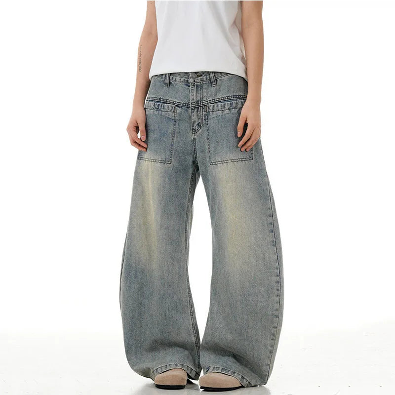 High Street  Men's Jeans New American Style Denim Pants Loose Curved Knife Straight Wide Leg Simple Male Trousers 9W1716