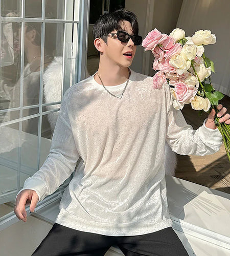 Men's T-shirts Spring Korean Semi Transparent Shiny Design Long Sleeve Round Collar Solid Color Male Clothing 9W1604