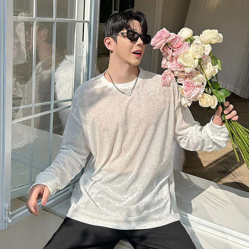 Men's T-shirts Spring Korean Semi Transparent Shiny Design Long Sleeve Round Collar Solid Color Male Clothing 9W1604