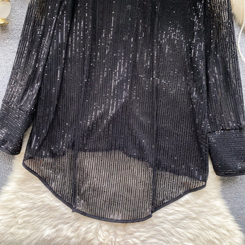 Load image into Gallery viewer, Autumn Solid Lantern Long Sleeve Sequin Shirt Women Fashion Clothing Vintage Loose Versatile Single Breasted Medium Length Tops
