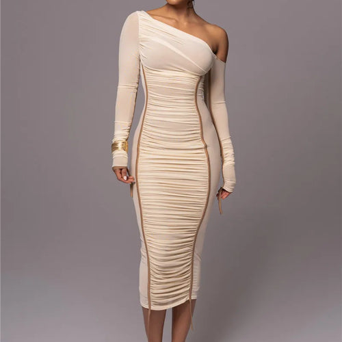 Load image into Gallery viewer, Diagonal Collar Long Sleeve Midi Dress For Women Two Layer Mesh Backless Ruched Bodycon Club Party Sexy Long Dress
