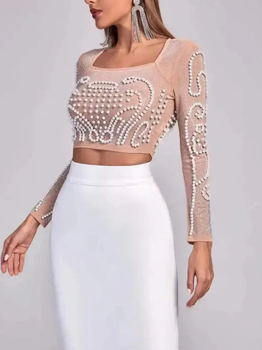 Solid Slimming Two Piece Set For Women Square Neck Long Sleeve Top High Waist Temperament Skirts Female Style New