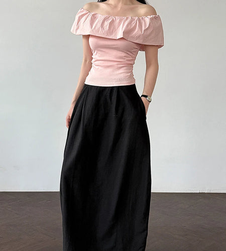 Women White pink Color Ruffles Elegant Slim T-shirt New Slash Neck Short Sleeve Fashion Tide Spring Summer 2025 1DJ1726