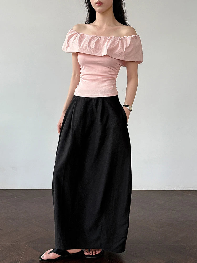 Women White pink Color Ruffles Elegant Slim T-shirt New Slash Neck Short Sleeve Fashion Tide Spring Summer 2025 1DJ1726