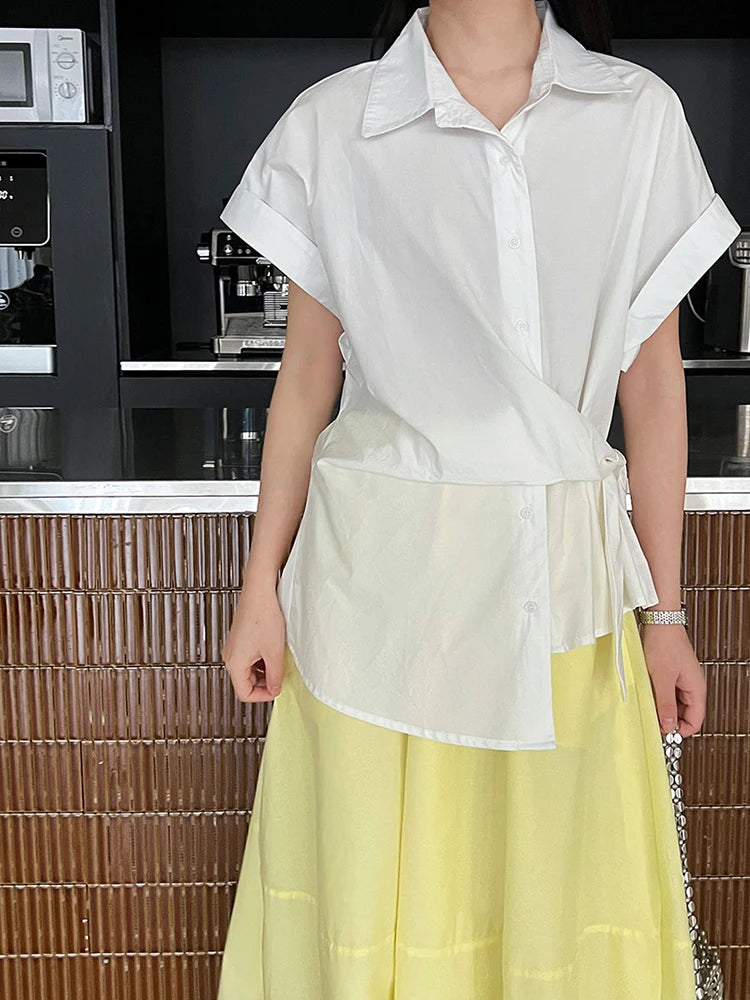 Women Purple Pleated Bandage Elegant Big Size Blouse New Lapel Short Sleeve Shirt Fashion Tide Spring Summer 2025 1DJ1362