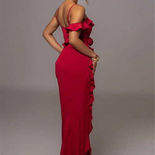 Load image into Gallery viewer, Elegant Ruffle Sexy Maxi Dress Women Spaghetti Strap Flower Sleeveless Backless High Split Club Party Evening Dress
