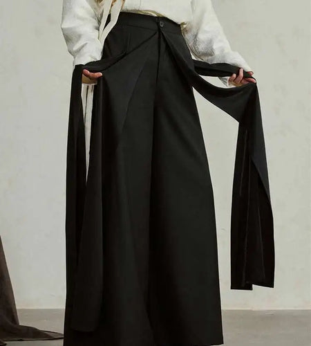 High Waist Ribbons Black Pleated Long Casual Wide Leg Pants New Trousers Women Fashion Tide Spring Autumn 2025 1DH4237