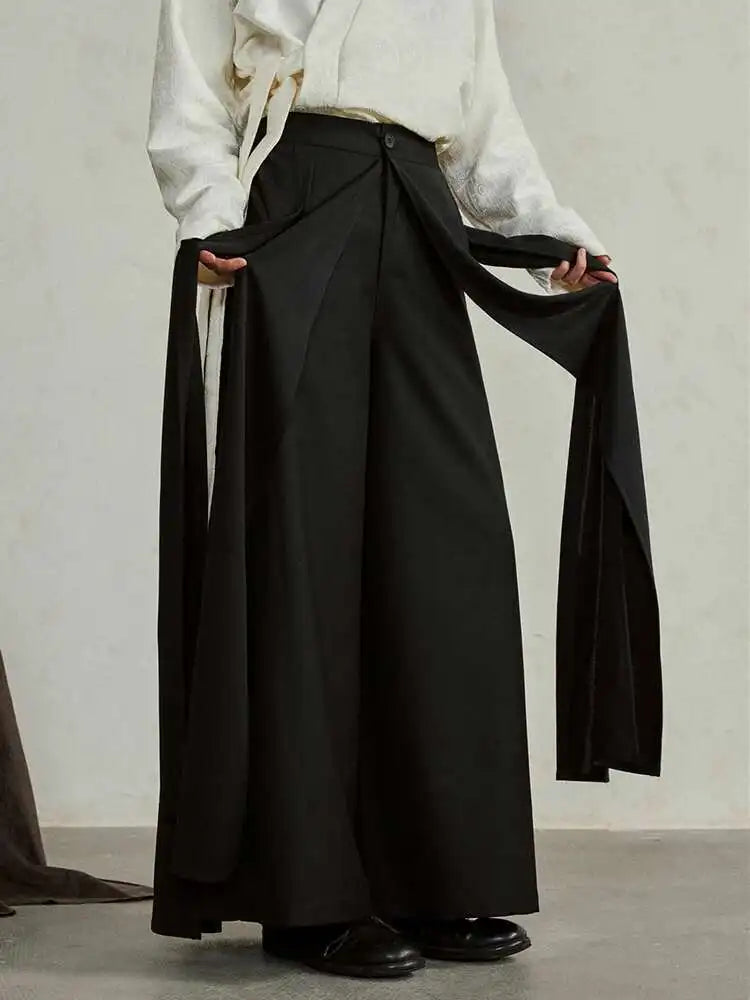 High Waist Ribbons Black Pleated Long Casual Wide Leg Pants New Trousers Women Fashion Tide Spring Autumn 2025 1DH4237