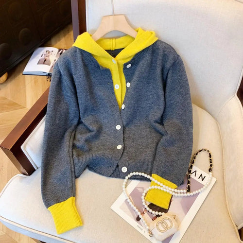 Load image into Gallery viewer, Korean Style Women's Patchwork Elegant Long Sleeve Knitted Tops Autumn Winter Vintage Single Breasted Hooded Sweater 2024 Trendy
