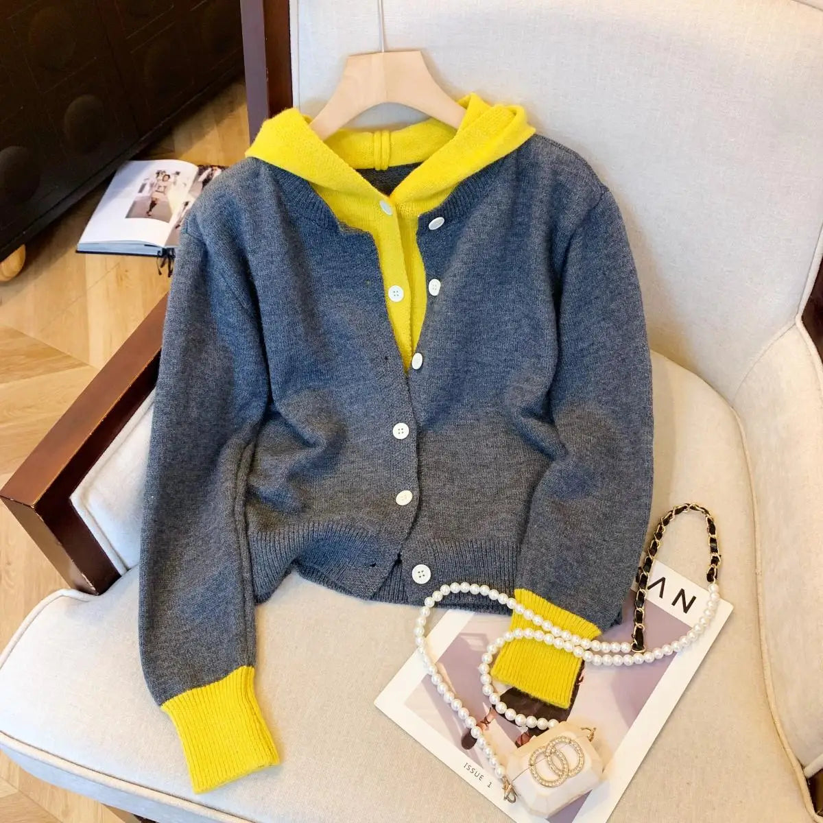 Korean Style Women's Patchwork Elegant Long Sleeve Knitted Tops Autumn Winter Vintage Single Breasted Hooded Sweater 2024 Trendy