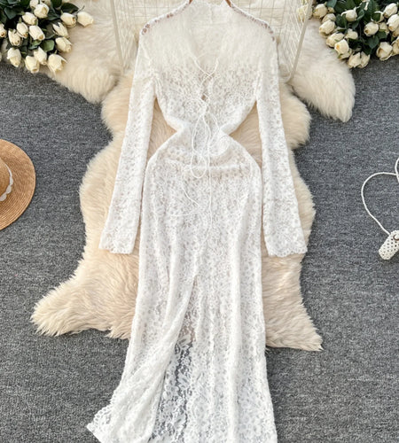 Vintage Women White Lace Hollow Out Bandage Elegant Party Dress French Fashion Long Sleeve Vacation Split Dress 2025 Autumn Chic