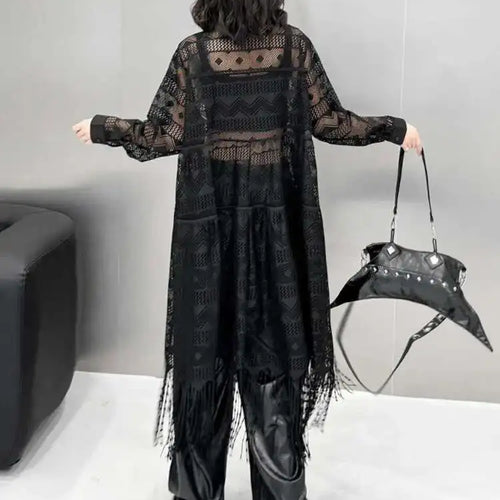 Load image into Gallery viewer, Women Black Lace Jacquard Perspective Big Size Shirt Dress New Lapel Long Sleeve Fashion Tide Spring Autumn 2025 1DH894201
