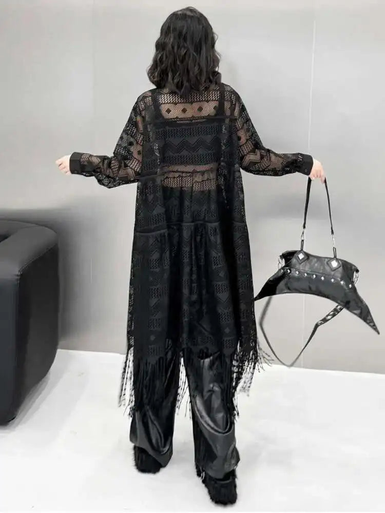 Women Black Lace Jacquard Perspective Big Size Shirt Dress New Lapel Long Sleeve Fashion Tide Spring Autumn 2025 1DH894201