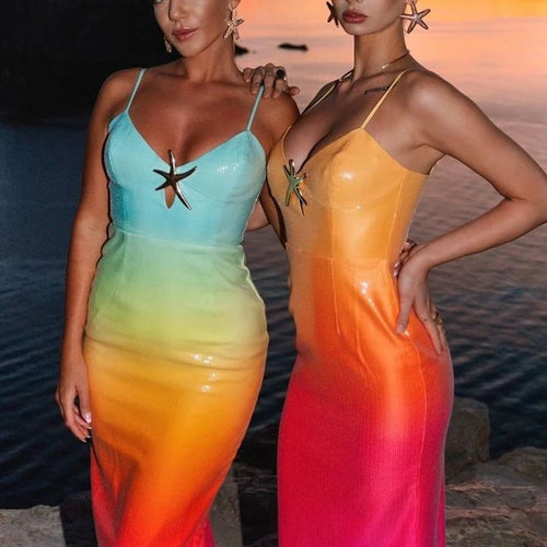 Load image into Gallery viewer, Sequins Spaghetti Strap Gradient Sexy Maxi Dress For Women Fashion Sleeveless Backless Split Sparkle Club Party Dress
