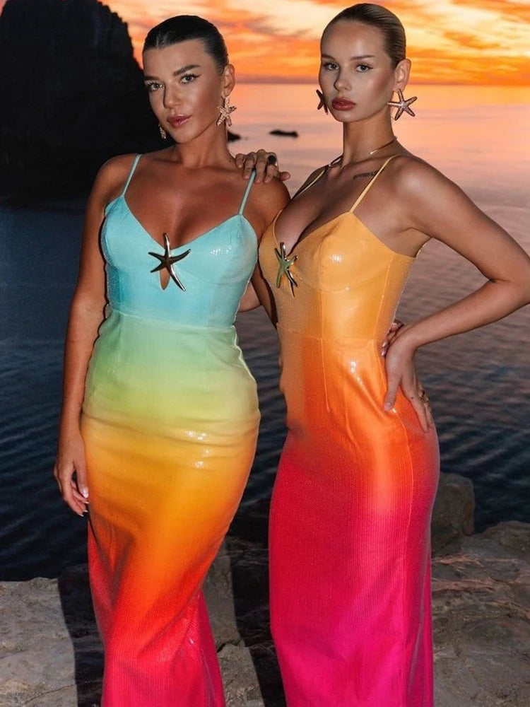 Sequins Spaghetti Strap Gradient Sexy Maxi Dress For Women Fashion Sleeveless Backless Split Sparkle Club Party Dress