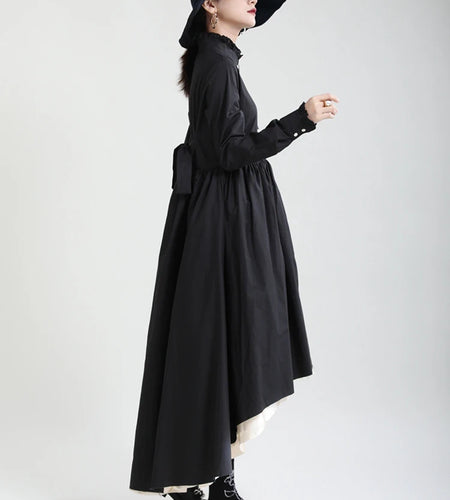 Women Black Layers Irregular Long Elegant Dress New Stand Collar Long Sleeve Fashion Tide Spring Autumn 2025 1DH9894
