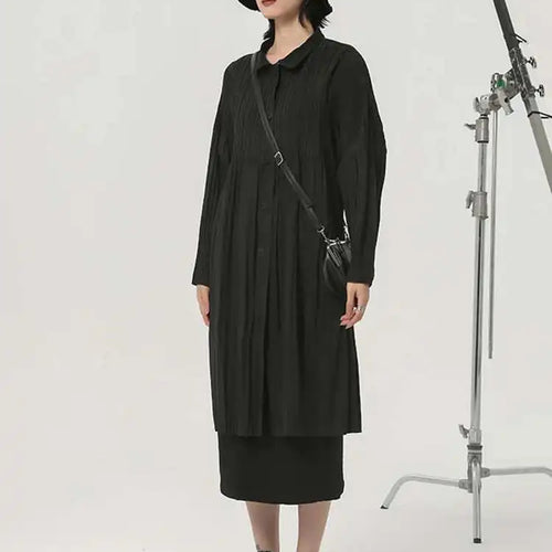 Load image into Gallery viewer, Loose Fit Black Brief Pleated Big Size Jacket New Lapel Long Sleeve Women Coat Fashion Tide Spring Autumn 2025 1DH2077
