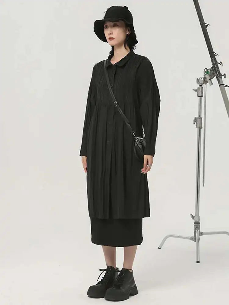 Loose Fit Black Brief Pleated Big Size Jacket New Lapel Long Sleeve Women Coat Fashion Tide Spring Autumn 2025 1DH2077