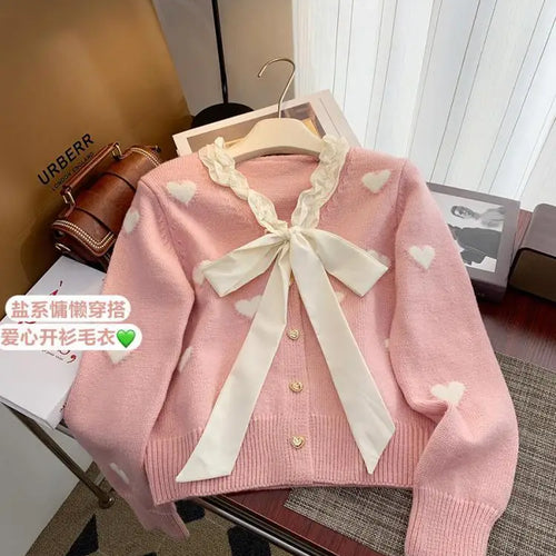Load image into Gallery viewer, Winter Sweet Patchwork Heart Embroidery Knitting Sweaters Women Long Sleeved Bow Ruffles V-neck 2024 New Fashion Cardigan Tops
