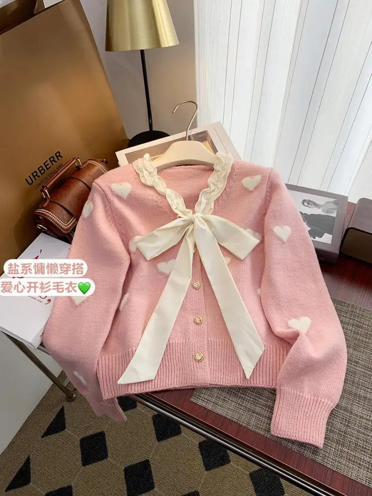 Winter Sweet Patchwork Heart Embroidery Knitting Sweaters Women Long Sleeved Bow Ruffles V-neck 2024 New Fashion Cardigan Tops
