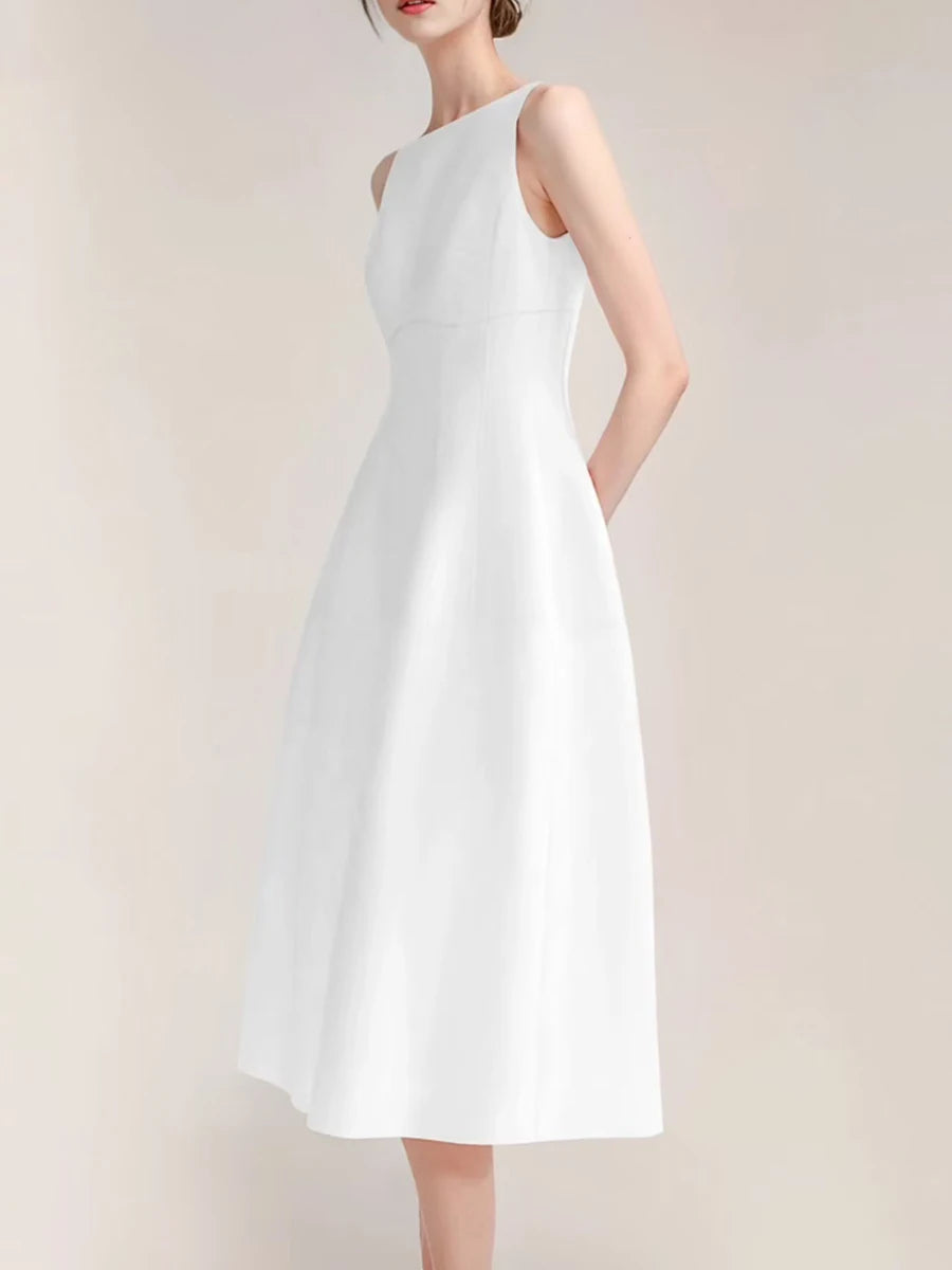Solid Slimming Spliced Pockets Minimalist Dresses for Women Round Neck Sleeveless High Waist Elegant Dress Female