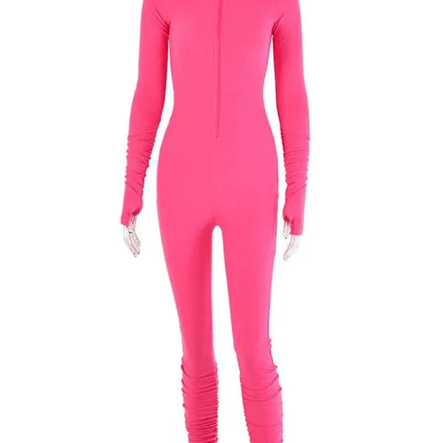 Load image into Gallery viewer, Turtleneck Zipper Skinny Jumpsuit Women Long Sleeve One Piece Neon Orange Bodysuit Female Running Fitness Outfits
