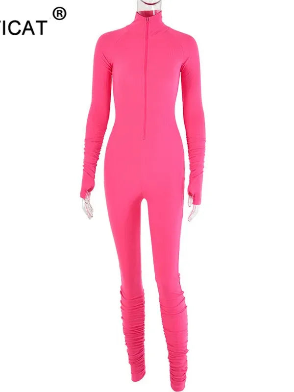 Turtleneck Zipper Skinny Jumpsuit Women Long Sleeve One Piece Neon Orange Bodysuit Female Running Fitness Outfits