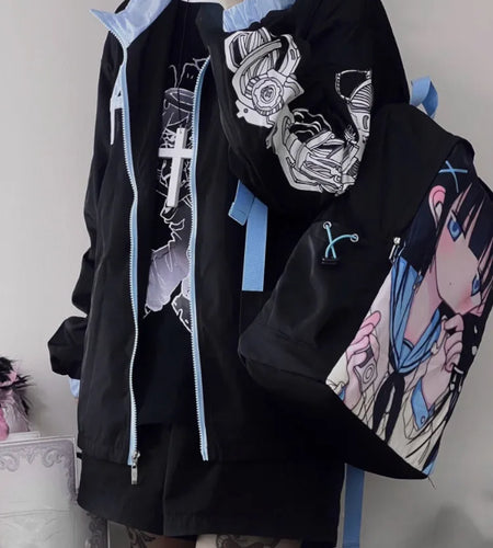 Japanese Kawaii Fashion Jacket Women Y2k Aesthetic Zipper Coat Loose Simple Coats Casual Harajuku Cartoon Skull Print Jackets