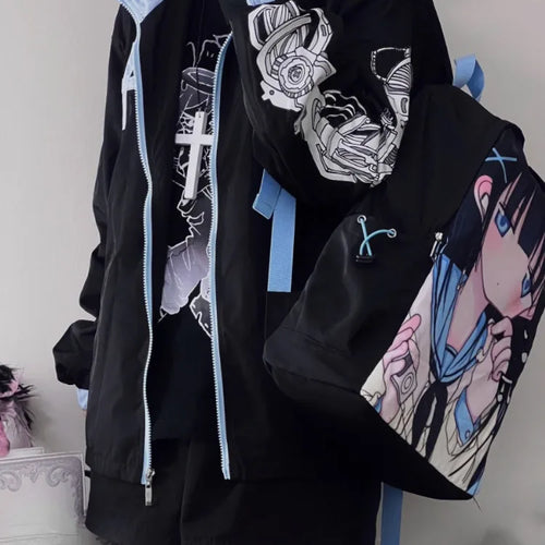 Load image into Gallery viewer, Japanese Kawaii Fashion Jacket Women Y2k Aesthetic Zipper Coat Loose Simple Coats Casual Harajuku Cartoon Skull Print Jackets
